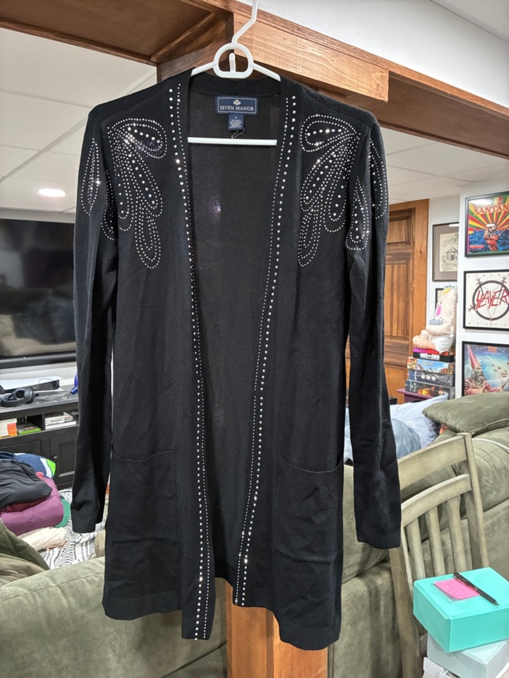 Women's Black Open Blazer Cardigan with Stud Embellishment
